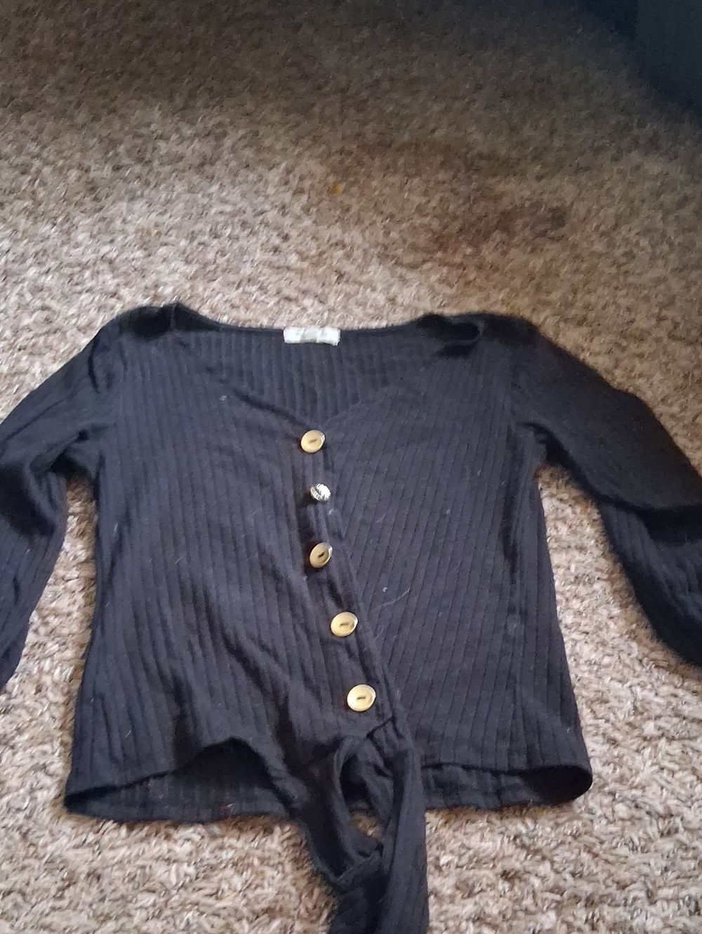 Women’s Black Ribbed Button-Front Sweater with Front Tie